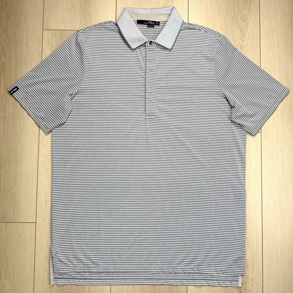 RLX Ralph Lauren Men's Gray White Striped Performance‎ Polo Shirt Size L Stretch